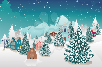 Rural winter landscape with houses, mountain and cute groundhog illustration.