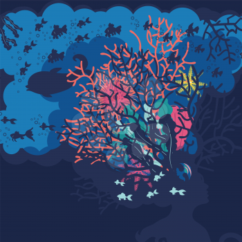 Underwater scene with fishes and coral reef in the human head silhouette.
