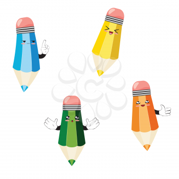 School supplies, crayons, colored pencils with cute cartoon faces illustration.
