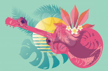 Music design with retro acoustic guitar and tropical leaves and flowers.