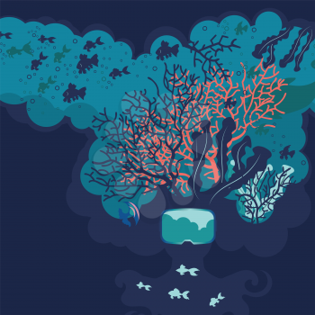Underwater scene with fishes and coral reef in the human head silhouette.