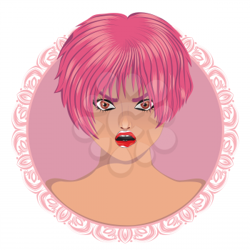 Woman with short hair style, pink dye, avatar design.