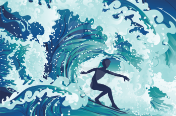 Rushing waves and surfing man silhouette design.