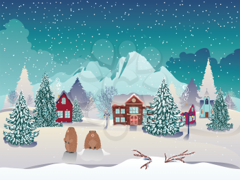 Rural winter landscape with houses, mountain and cute groundhog illustration.