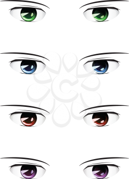 Manga style male eyes of different colors set on white background.
