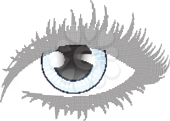 Stylized blue human eye with halftone effect.