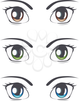 Collection of cartoon female eyes in different colors illustration.