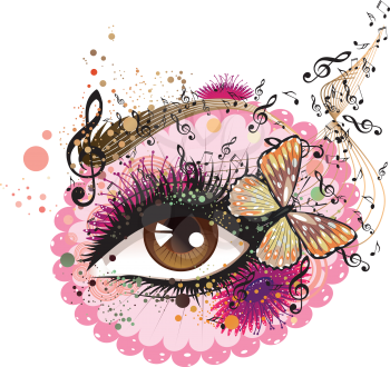 Decorative eye with long eyelashes, flowers, musical notes and butterflies.