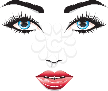 Eyes with long eyelashes and red lips, glamour portrait.