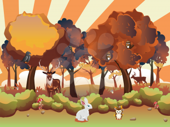 Stylized cartoon autumn forest landscape with shrubs, trees and animals.