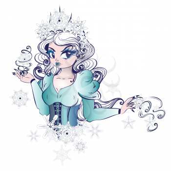 Cartoon snow queen with snowflakes, colorful vintage illustration.