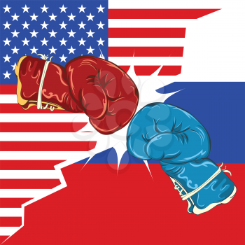 Retro boxing gloves red and blue, USA and Russia trade war concept.