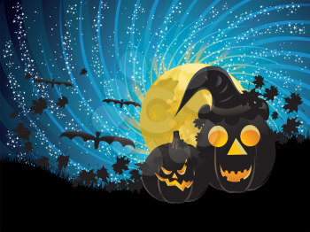 Halloween party background with glowing pumpkins in the grass and moon on starry sky.