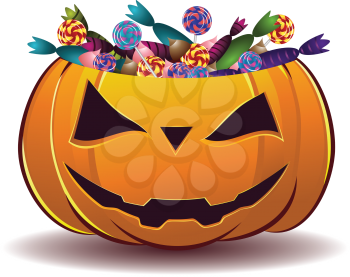 Halloween pumpkin full of candy on white background.