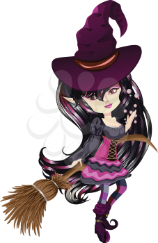 Cute cartoon witch with broom in anime, manga style.