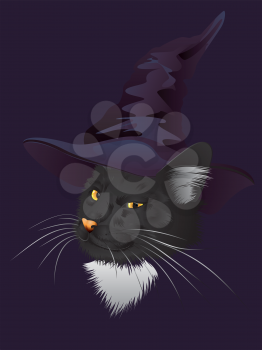Smiling black halloween cat in purple witch hat.