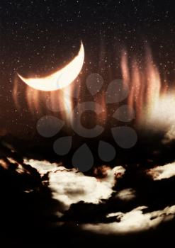Textured grunge background with clouds, crescent moon and starfield.