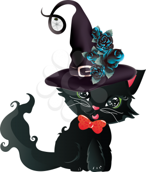 Cute black kitten with green eyes in witch hat with blue roses.