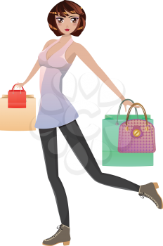 Fashion girl in casual outfit with shopping bags.
