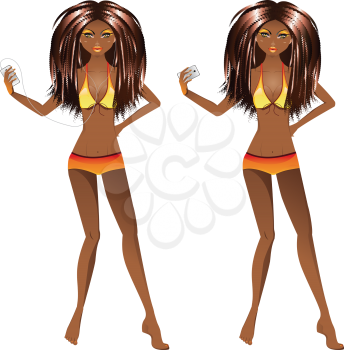 Fashion african american girl in swimsuit of orange color.