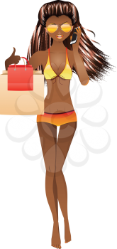 Fashion african american girl in swimsuit of orange color.