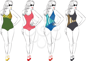 Illustration of a pear body type woman in different swimsuits, line art style .