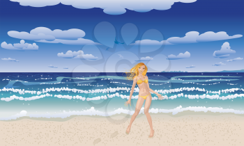 Blonde girl in yellow bikini on beach and tropical sea background.
