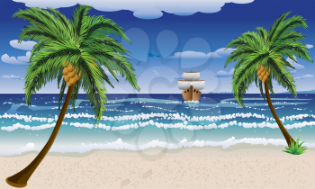 Tropical background with a palms on beach and sailboat.