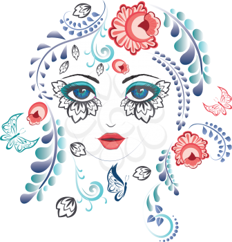 Abstract female portrait with colorful floral ornaments.