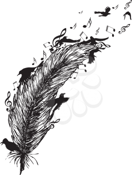 Flying birds and feather and music notes silhouette, tattoo design in black and white.