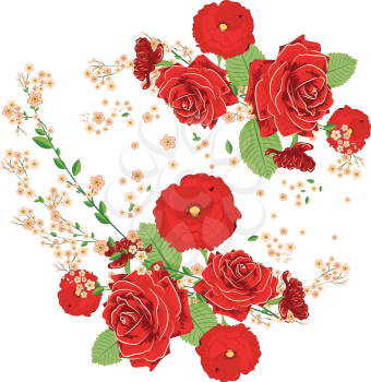 Romantic decorative ornament with red roses and poppies, floral illustration.