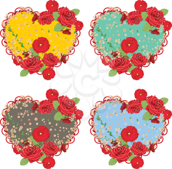 Romantic decorative flower ornament with roses with heart, floral illustration.