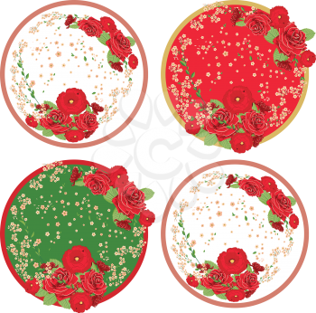 Romantic decorative flower round ornament with roses, floral illustration.