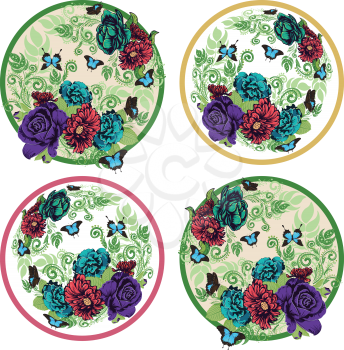 Romantic decorative flower round ornament with roses, floral illustration.