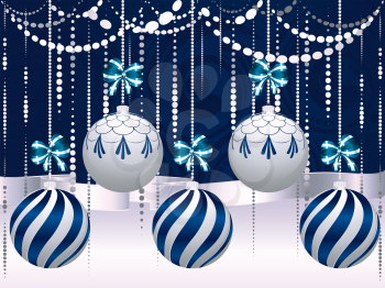 Decorative blue and white Christmas balls, holiday ornaments.