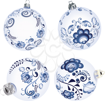 Festive christmas ball decorated with blue floral ornaments.