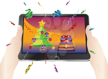 Happy new year or merry Christmas greetings on digital display.