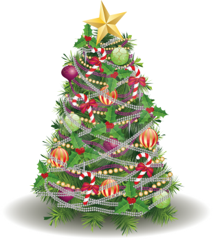 New year, Christmas tree with decorations on white background.
