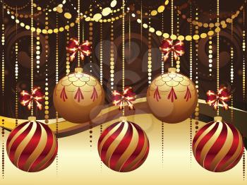 Colorful decorative Christmas golden balls, holiday ornaments.