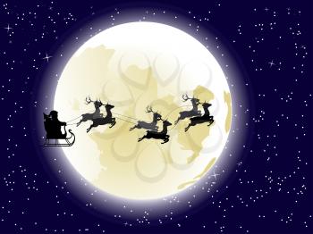 Cartoon Santa Claus silhouette riding a sleigh with stylized deers in front of the full moon.