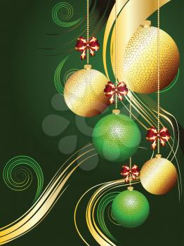 Decorative gold and green Christmas glass balls, holiday ornaments.