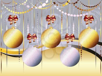 Decorative gold and white Christmas glass balls, holiday ornaments.