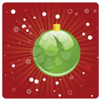Illustration of green Christmas ball on abstract red background with rays.