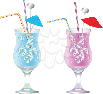 Two cocktails blue and pink with ice cubes.