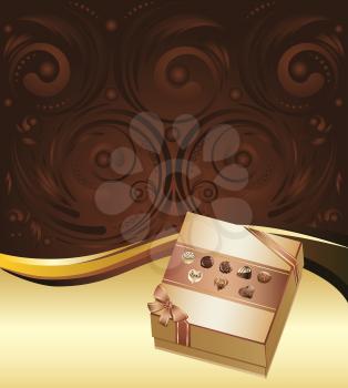 Decorative brown background with floral elements and chocolate box.