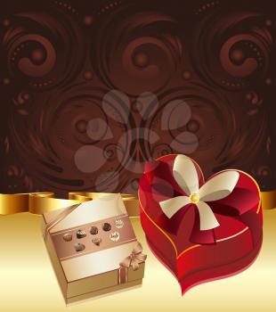 Decorative brown background with floral elements and chocolate box.