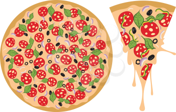Cartoon delicious tasty pizza with vegetables, food illustration.