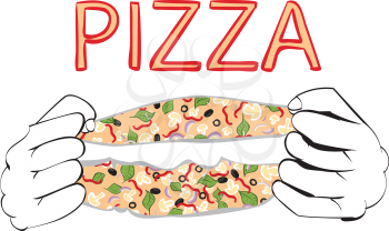 Cartoon delicious tasty pizza and human hands, food illustration.