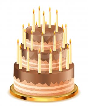 Delicious chocolate cake with candles on white background.