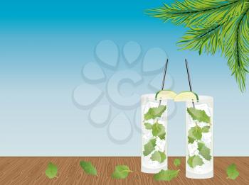 Illustration of fresh mojito drink on the wooden table.